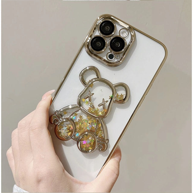 Coque iPhone 12 Transparente avec Ourson Pailleté et Bord Doré – Protection Élégante et Tendance