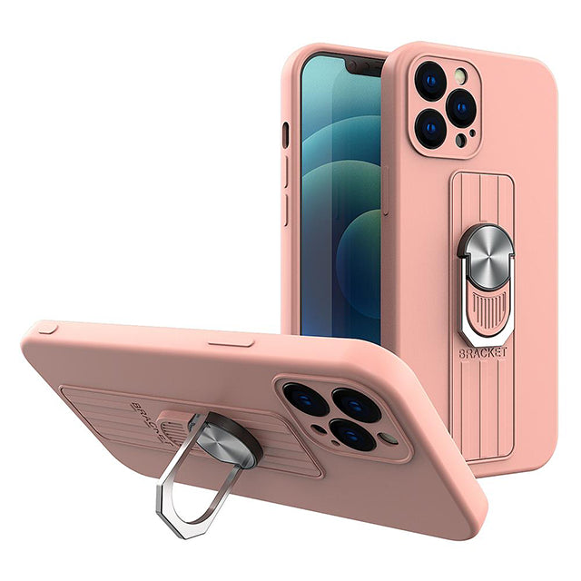 Coque en silicone Ring Case avec prise pour les doigts et support pour iPhone 12 rose