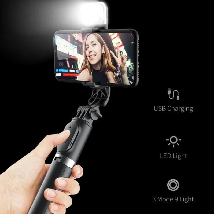 Selfie Stick Techsuit (Q02S) - Trépied stable pliable avec télécommande Bluetooth et lampe LED , 105 cm - Noir